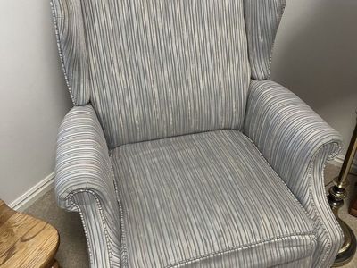 Wingback Armchair Upholstered Light Blue/Grey Striped Pattern Accent Chair