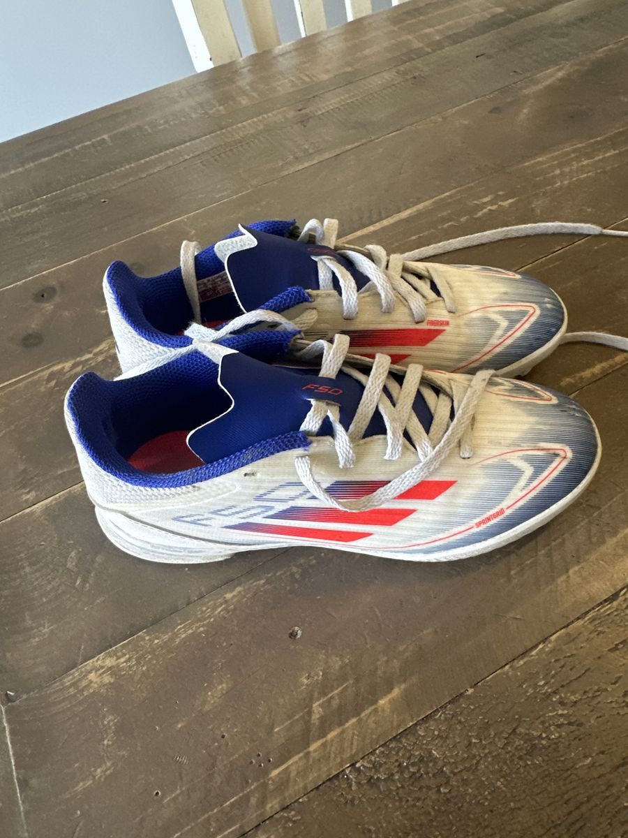 Adidas Junior F50 League FG/MG Soccer Cleats – Youth Size 2 (Cloud White/Solar Red/Lucid Blue)