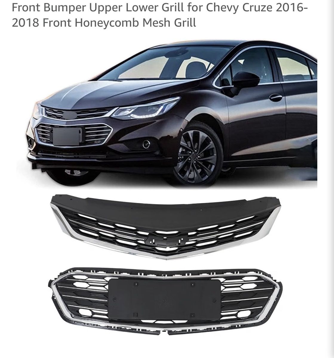 Chevy Cruze 2016-2018 Front Bumper Upper & Lower Honeycomb Mesh Grille Set - Black/Chrome