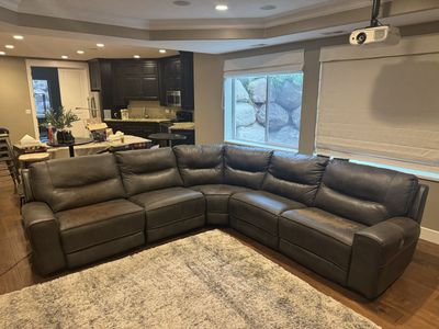 Large Brown Faux Leather Powered Reclining Sectional Sofa with USB - Needs Upholstery Repair/Retouch. $50 OBO.