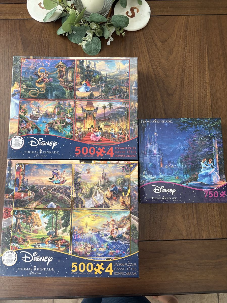 Thomas Kinkade Disney Jigsaw Puzzles Lot - Two 4-Pack 500pc & One 750pc