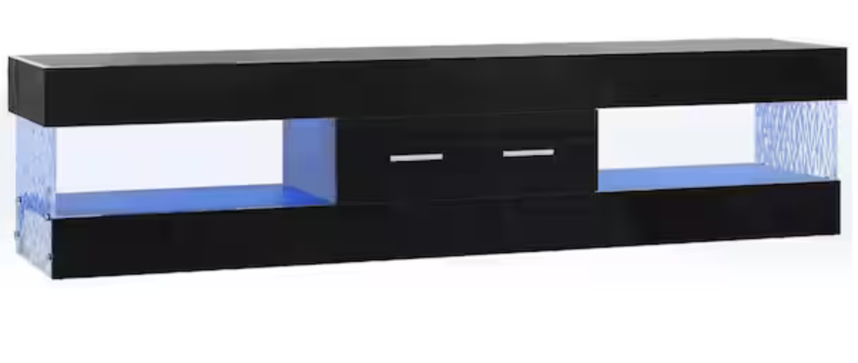 NEW 67 in. Glossy Black TV Stand Fits TV Up to 75 in. Entertainment Center Storage Drawer LED Light