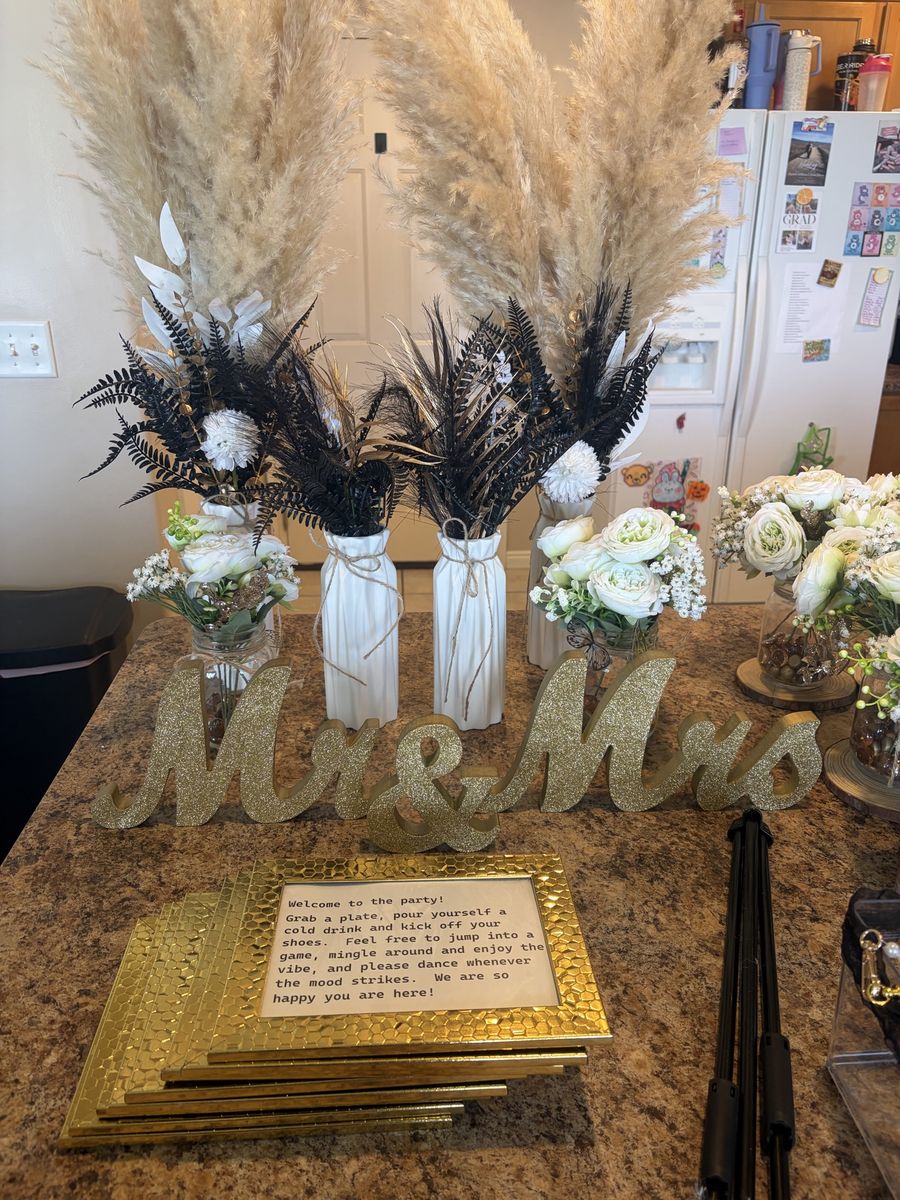 Wedding Decor Centerpieces, Mr & Mrs Sign, and Floral Arrangements
