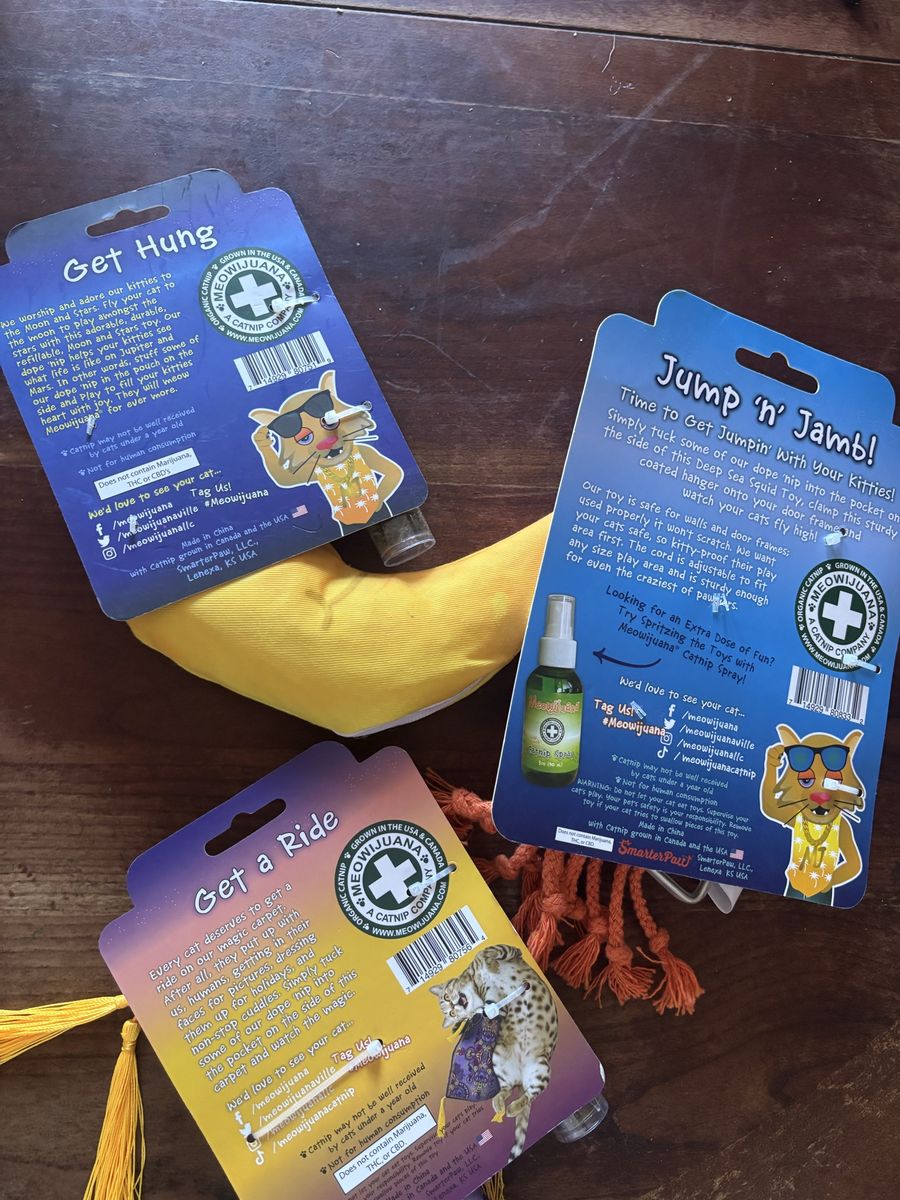 Meowijuana Catnip Toys: "Get Hung" Banana, "Jump 'n Jamb" Octopus, & "Get a Ride" Pillow 3 in 1 deal