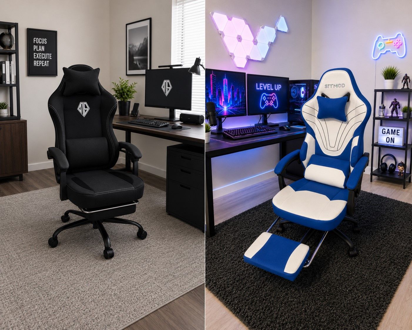 NEW! Gaming Chair Fabric Computer Office Chair w/Footrest, Reclining Heavy Duty – Black or Blue/White