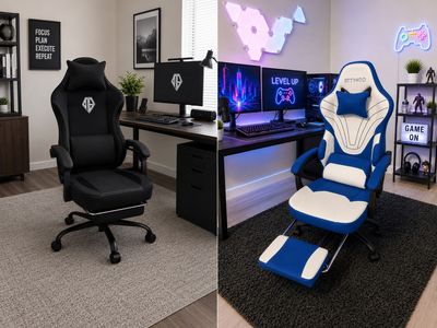 NEW! Gaming Chair Fabric Computer Office Chair w/Footrest, Reclining Heavy Duty – Black or Blue/White
