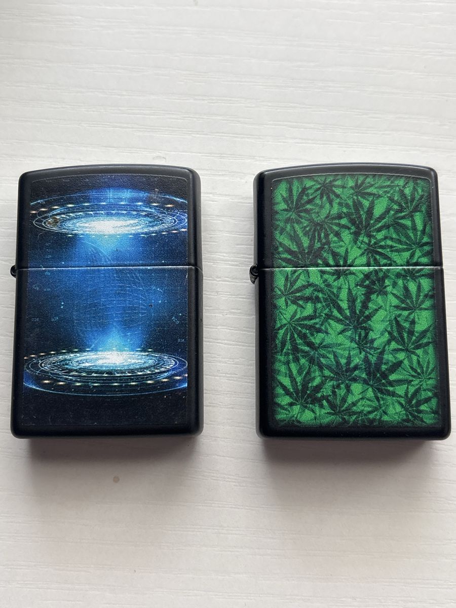Lot of 2 Graphic Flip-Top Lighters UV activated designs- Blue Sci-Fi Portal & Green Leaf Design