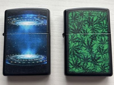 Lot of 2 Graphic Flip-Top Lighters UV activated designs- Blue Sci-Fi Portal & Green Leaf Design