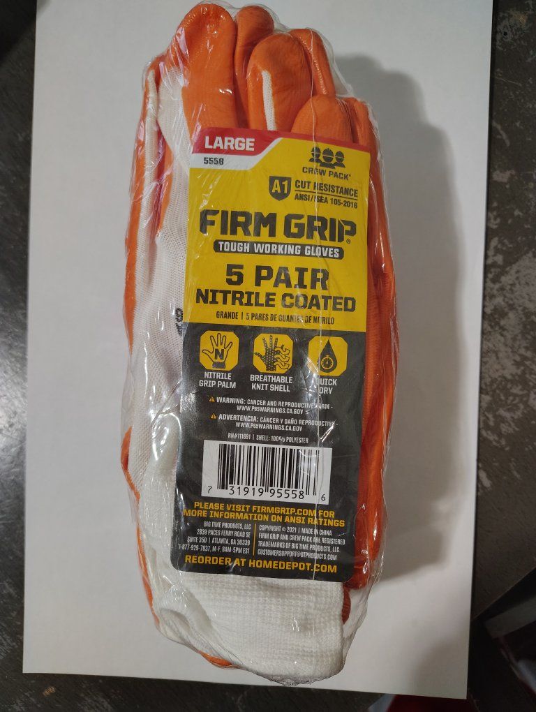 Firm Grip Nitrile Coated Work Gloves - Large 5 Pair Pack