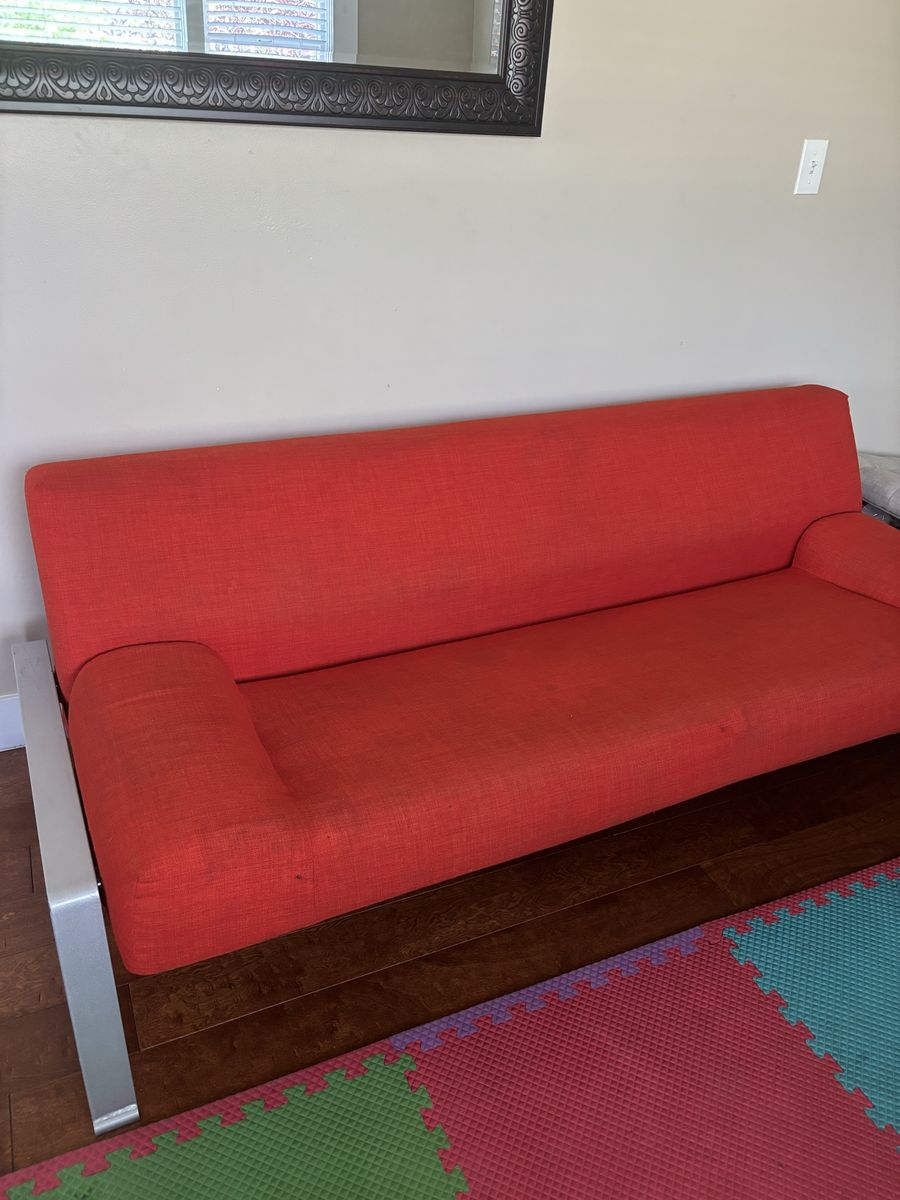 Futon Couch Sofa Bed - Red Fabric, Metal Frame - Converts for Sleeping
