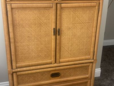 4-Piece Vintage Wicker & Rattan Bedroom Set - Armoire, 2 Nightstands & Queen Headboard