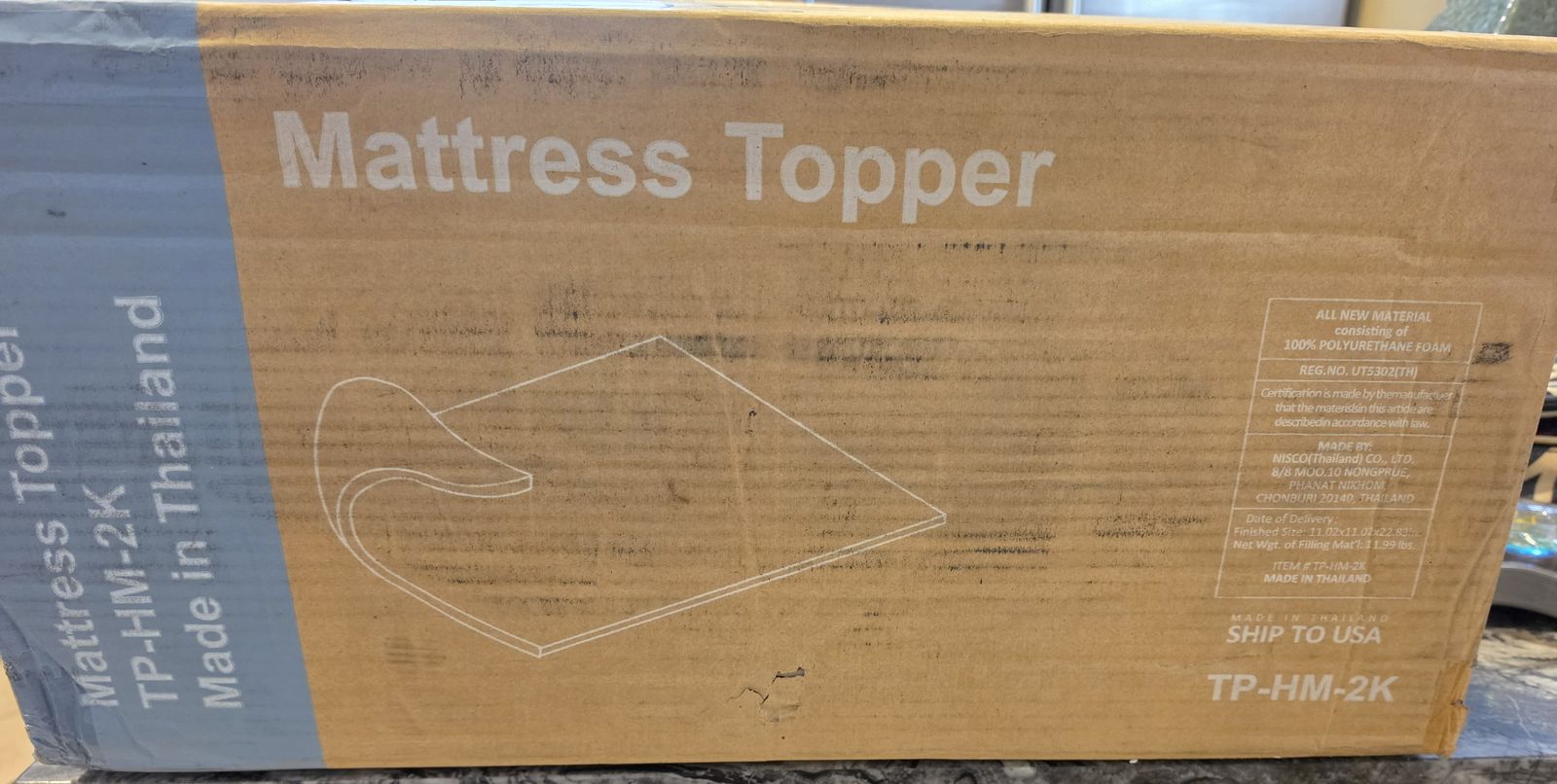 New in Box Sinomax 100% Polyurethane Foam Mattress Topper TP-HM-2K L87 Blue King Size 2"