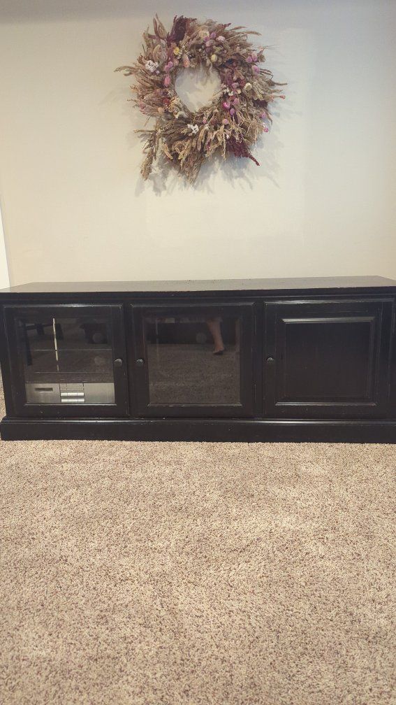 Black Wooden TV Stand Media Console Cabinet with Glass and Solid Doors