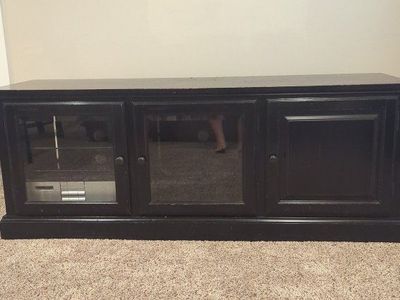 Black Wooden TV Stand Media Console Cabinet with Glass and Solid Doors