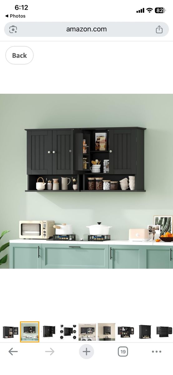 Wall Mount Storage Cabinet with Doors & Open Shelf, Adjustable Interior Shelves, Black Wood