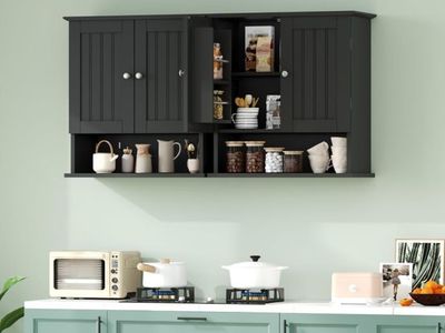 Wall Mount Storage Cabinet with Doors & Open Shelf, Adjustable Interior Shelves, Black Wood