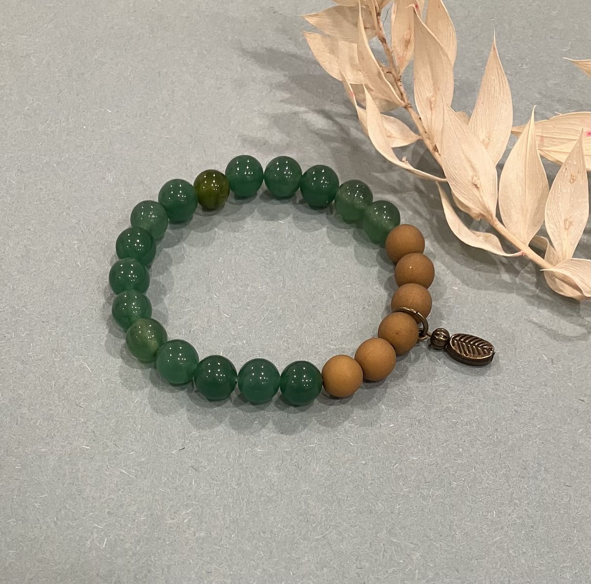 Green Aventurine Gemstone & Beige Beaded Stretch Charm Bracelet