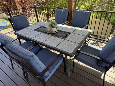 Patio Dining Set: 6 Chairs w/ Blue Cushions & Tile-Top Table, Excellent Condition 63”x39”