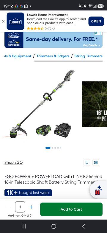 EGO Power+ 56V 16-Inch Powerload String Trimmer with Battery and Charger