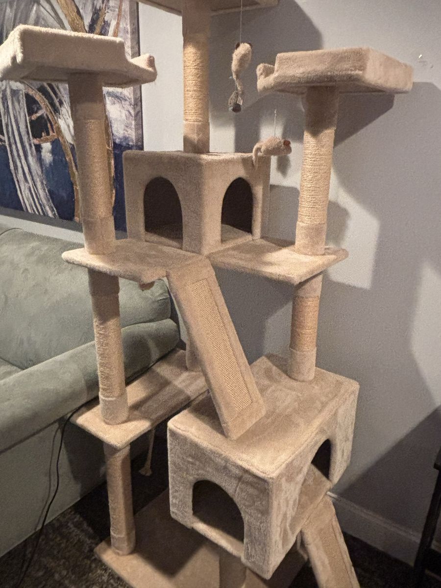 Multi-Level Beige Cat Tree Condo with Scratching Posts & Perches