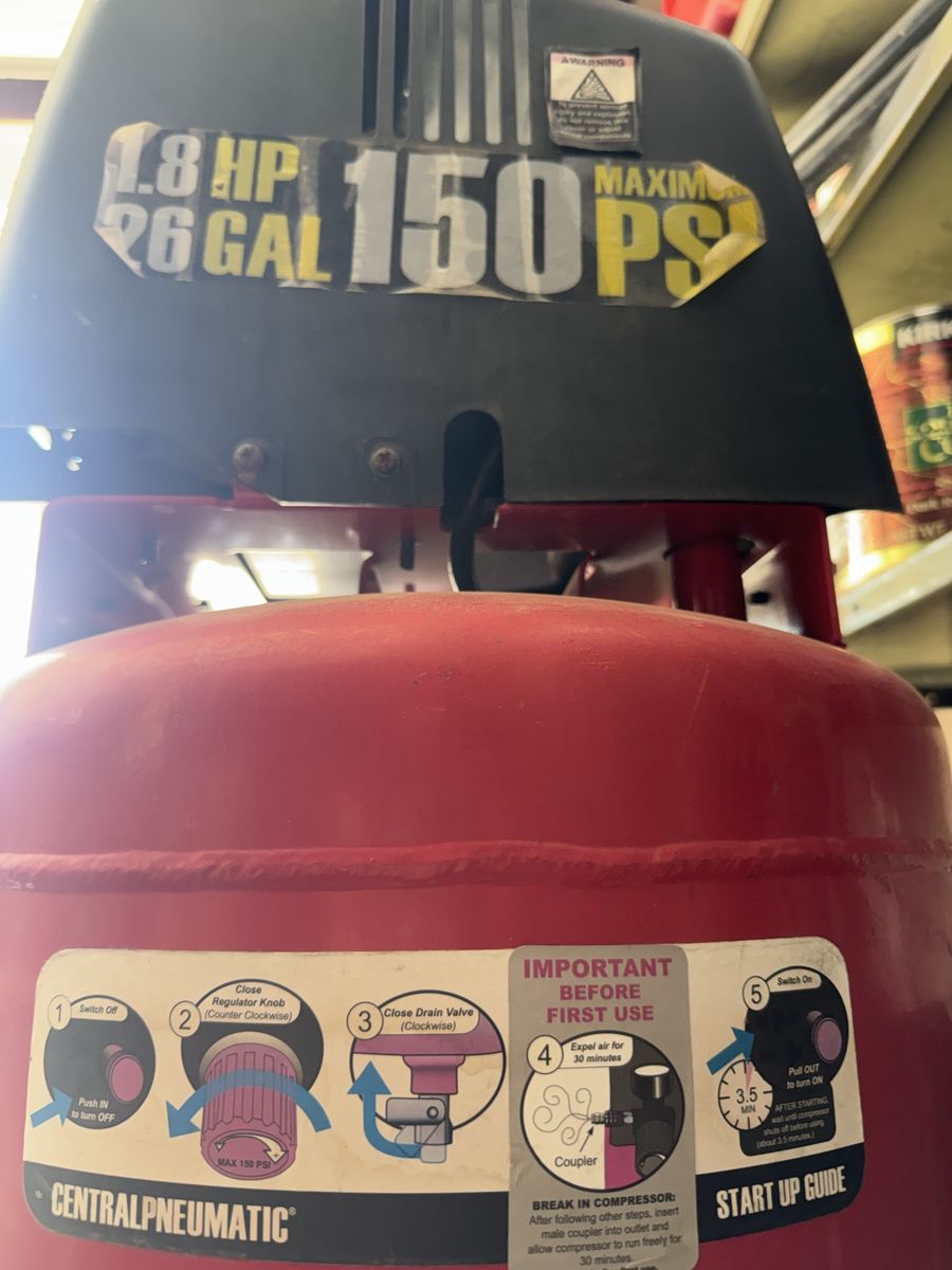 Broke, just quit suddenly. Central Pneumatic 1.8 HP 26 Gallon 150 PSI Air Compressor $25 obo