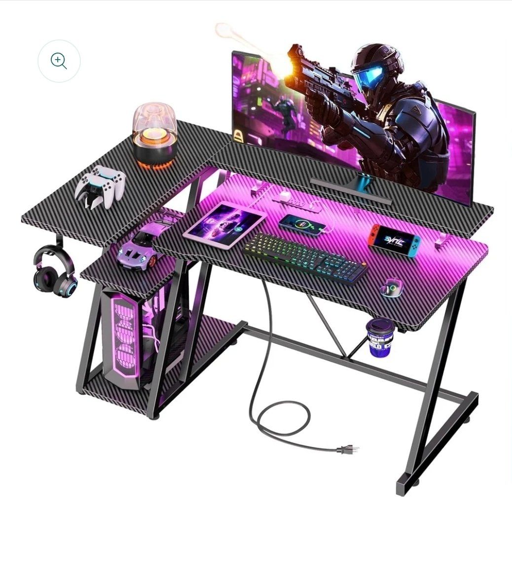 Brand New 40" L-Shaped Gaming Desk – LED Lights & Power Outlets #516