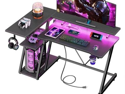 Brand New 40" L-Shaped Gaming Desk – LED Lights & Power Outlets #516