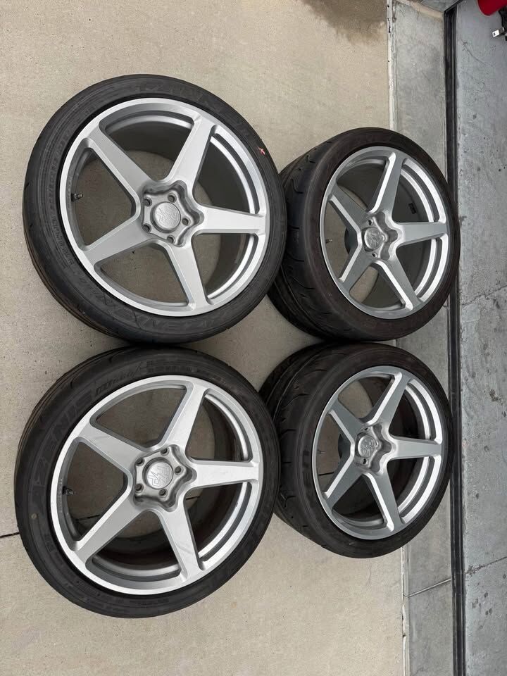 2018-2025 Tesla Model 3 19x11 Forgeline CF1 Open Lug Cap Wheels w/305/30R19 Falken RT660 Tires