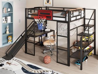 Full SIze Metal Loft bed W/ Desk, Slide, Staircase