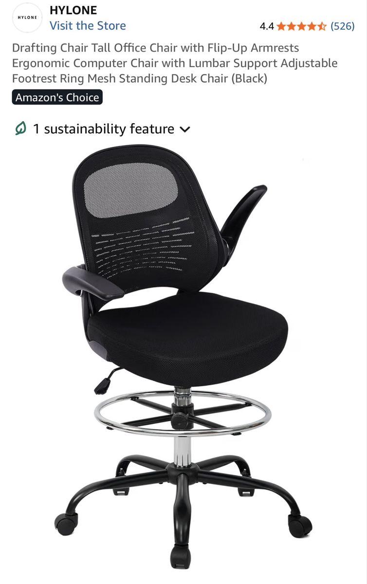 HYLONE Drafting Chair Tall Office Chair with Flip-Up Armrests Lumbar Support Footrest Ring Mesh Black