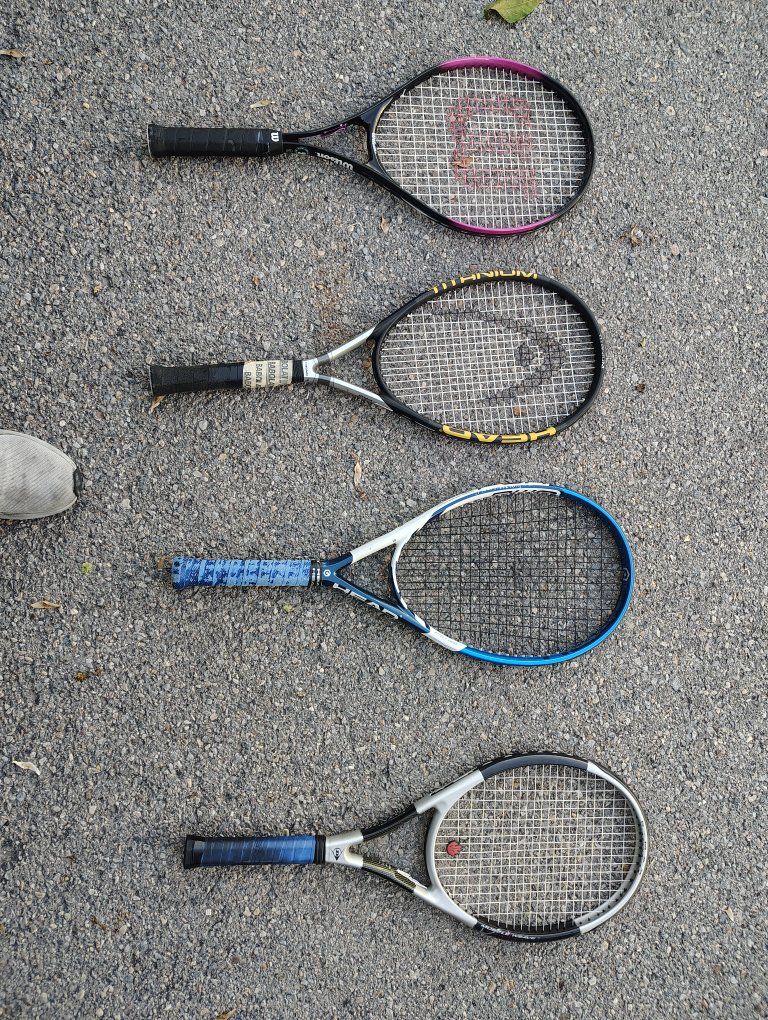 4 Used Tennis Rackets - Wilson, Head, Dunlop $25 each