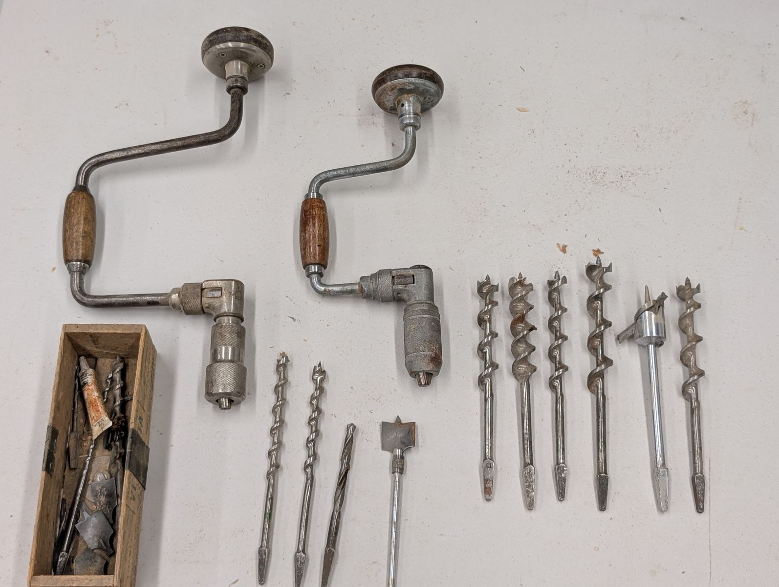 Vintage Hand Brace Drills with Assorted Auger Bits and Wooden Box