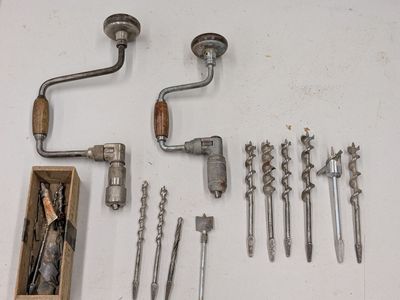 Vintage Hand Brace Drills with Assorted Auger Bits and Wooden Box