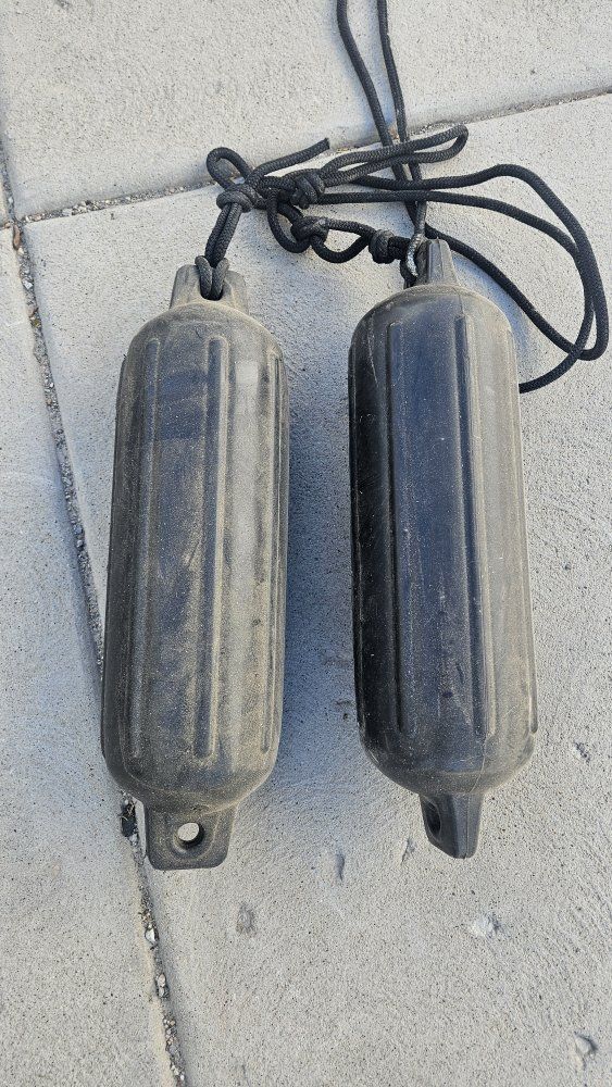 Pair of Used Boat Fenders with Ropes - Black Marine Boat Bumpers for Docking & Protection
