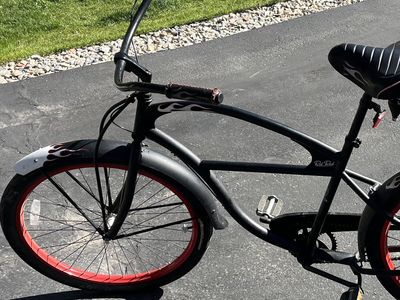Cruiser Bike - 3 speed Black with Red Rims & Flame Accents - Excellent Condition