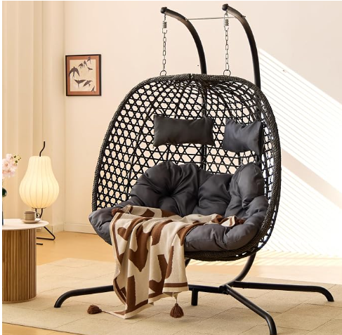 Double Hanging Swing 2 Person Egg Chair , Hexagon Wicker Hammock for Outdoor Garden Patio, Egg Chair Foldable Loveseat 