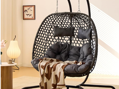 Double Hanging Swing 2 Person Egg Chair , Hexagon Wicker Hammock for Outdoor Garden Patio, Egg Chair Foldable Loveseat