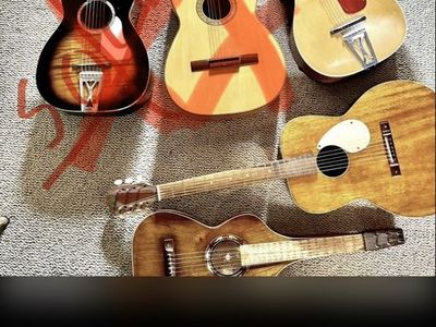 Antique Stella harmony parlor guitar, acoustic USA made. Also a Kay, & Hawaiin laptop weisenborn slat key Kay fat bottom