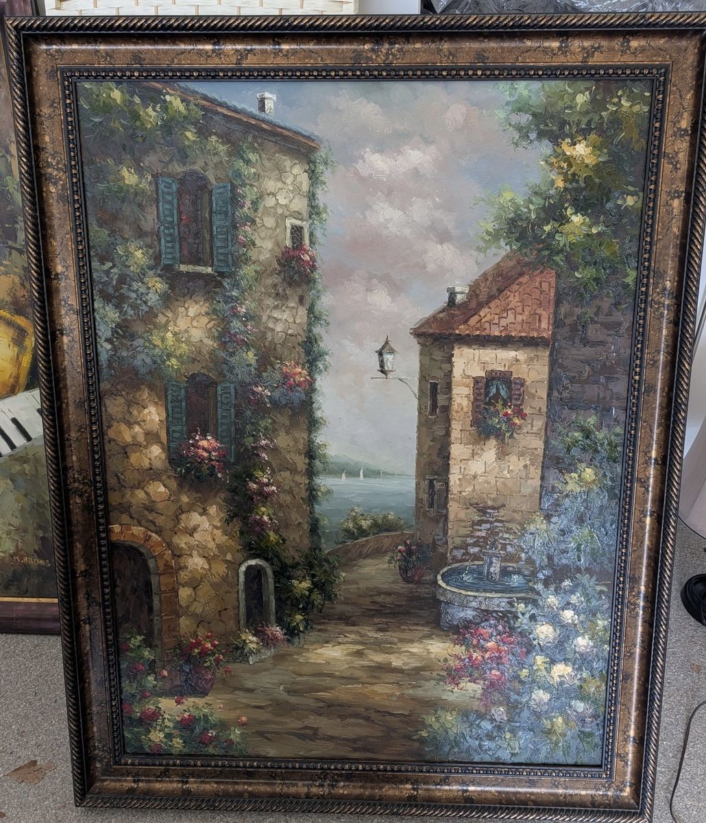 Hand-Painted Mediterranean Village Wall Art – 42” x 54” - $200