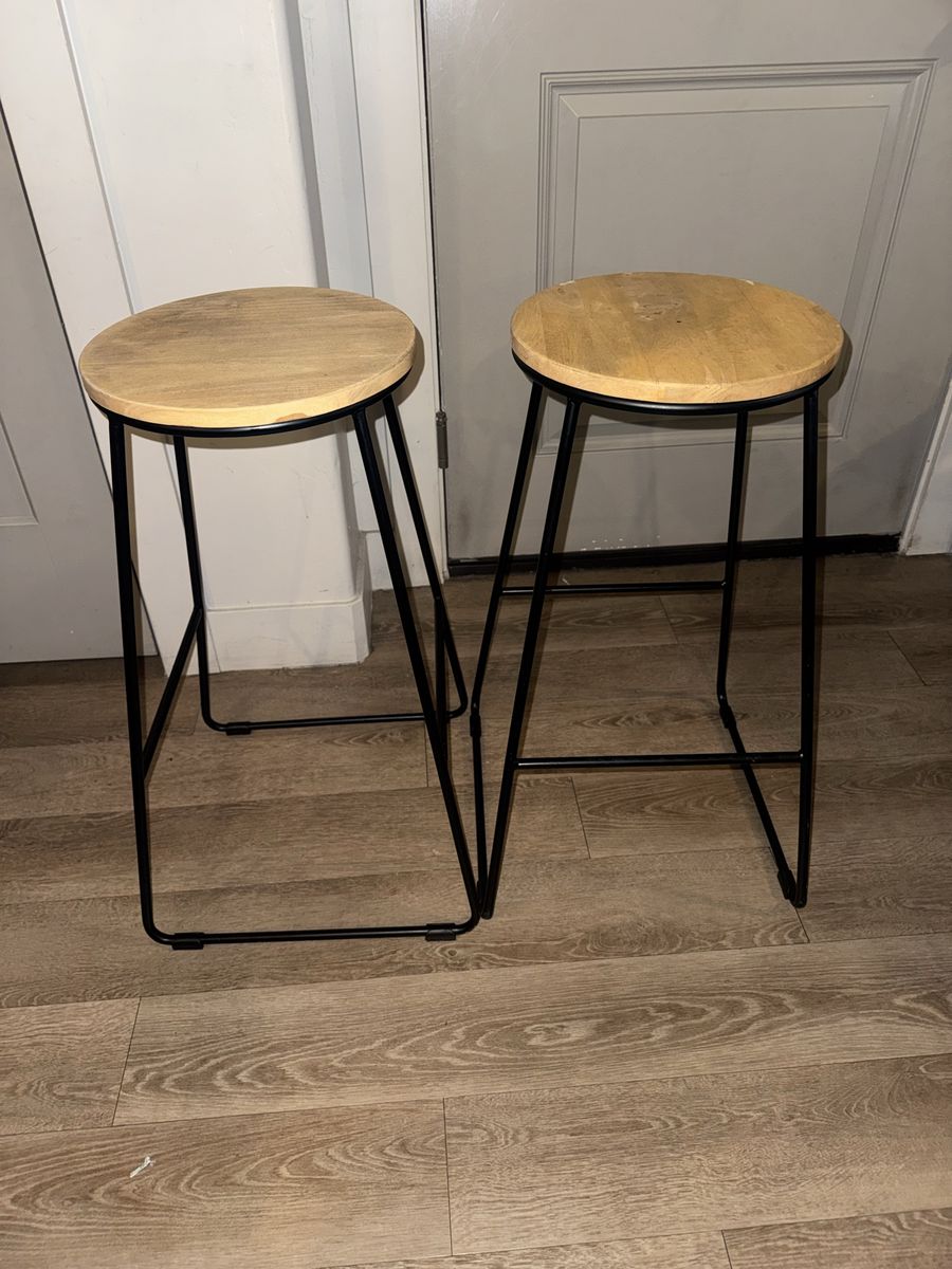 Set of 2 Industrial Metal and Wood Bar Stools
