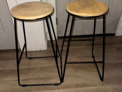 Set of 2 Industrial Metal and Wood Bar Stools