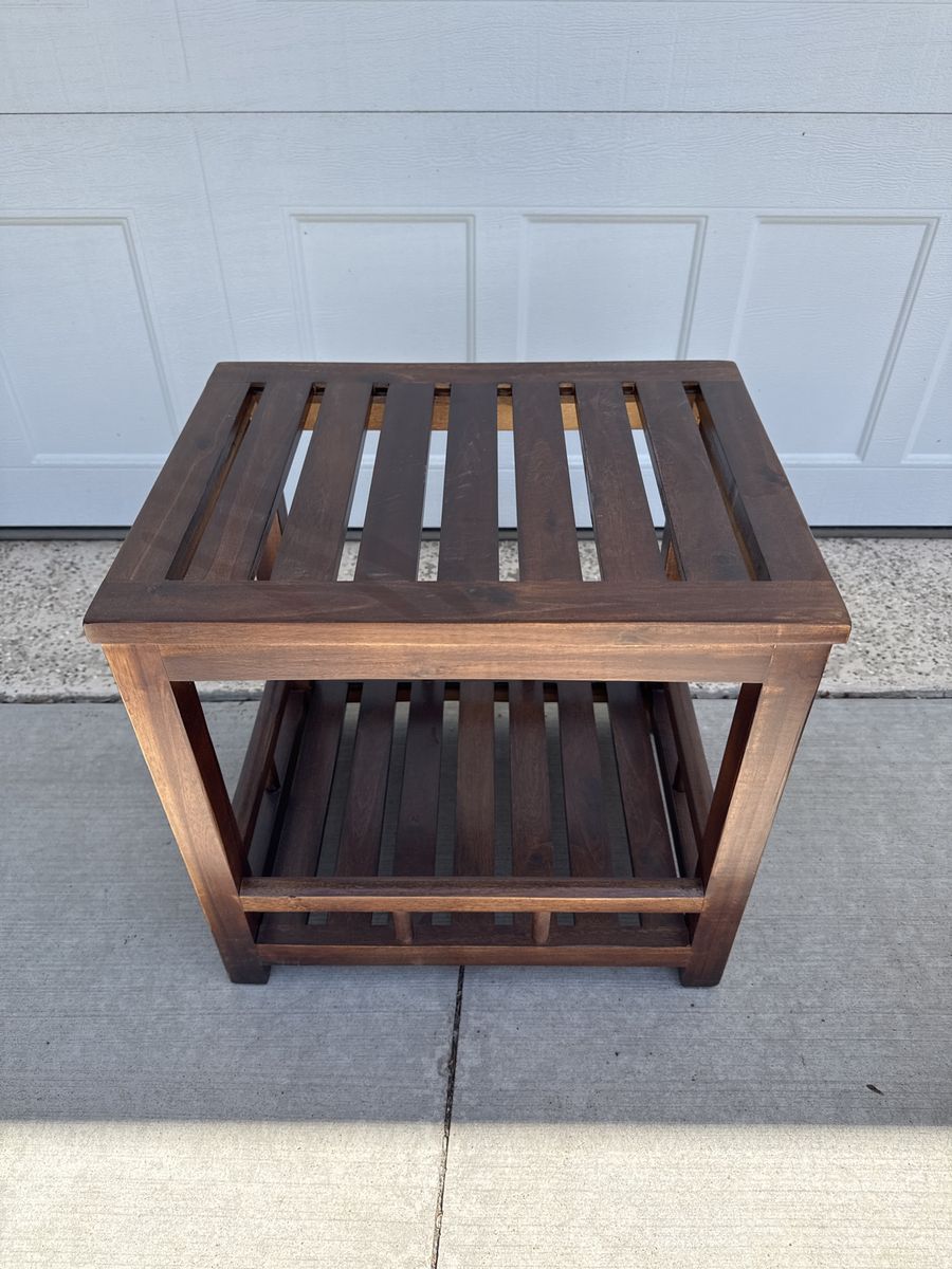 Wood Slat End Table / Nightstand - Dark Brown with Lower Shelf