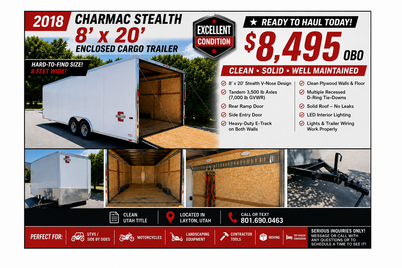 2018 Charmac Stealth 8’ x 20’ Enclosed Cargo Trailer – Excellent Condition
