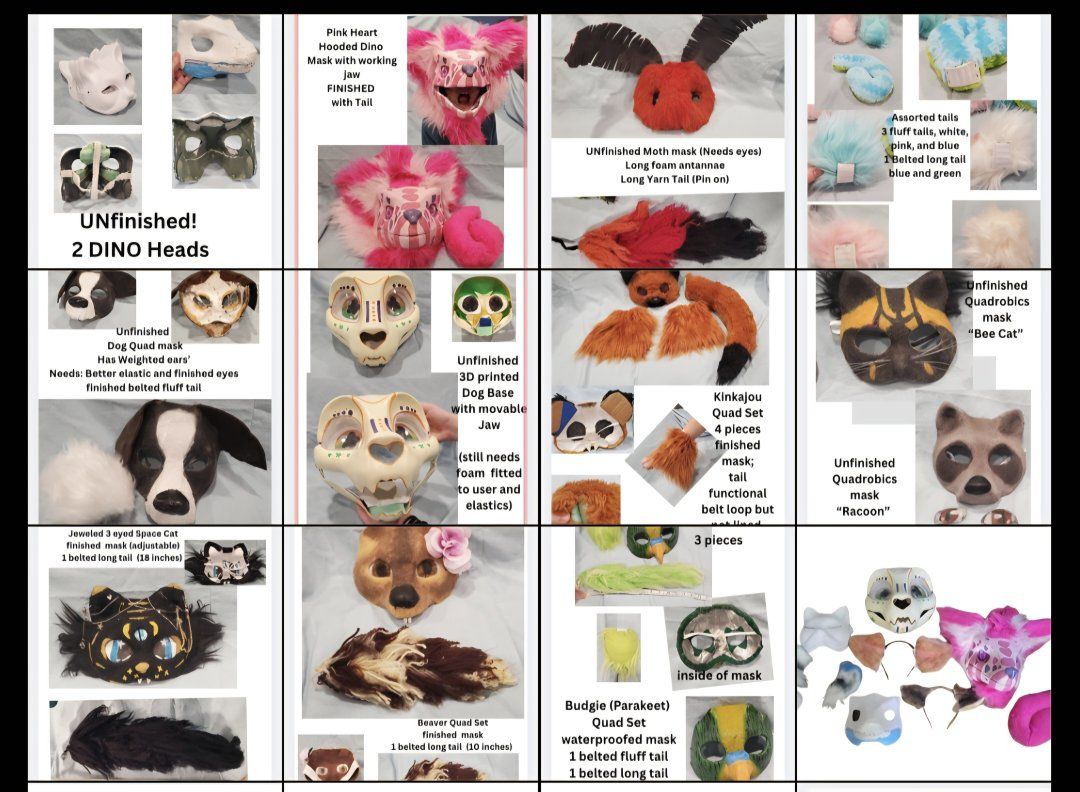 LOT of Handmade Quadrobics Animal Masks & Tails: Pink Dino, Budgie, Bee Cat, Racoon, Fluff & Long Tails