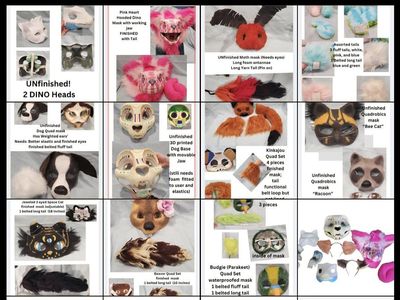 LOT of Handmade Quadrobics Animal Masks & Tails: Pink Dino, Budgie, Bee Cat, Racoon, Fluff & Long Tails