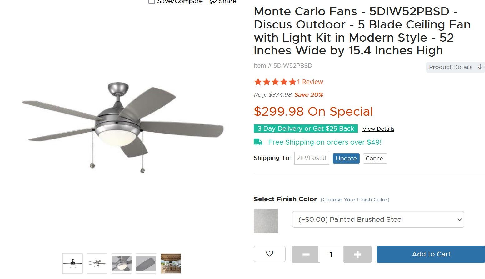 Monte Carlo Ceiling fan Bruch Steel finish 52 inch NEW