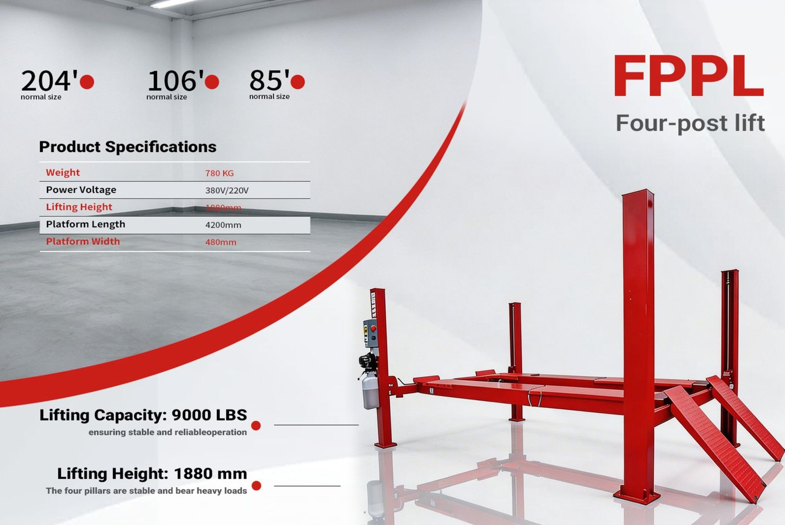 FPPL 9000 LB 4-Post Vehicle Lift - 380V/220V Power, 1880mm Lifting Height, Red