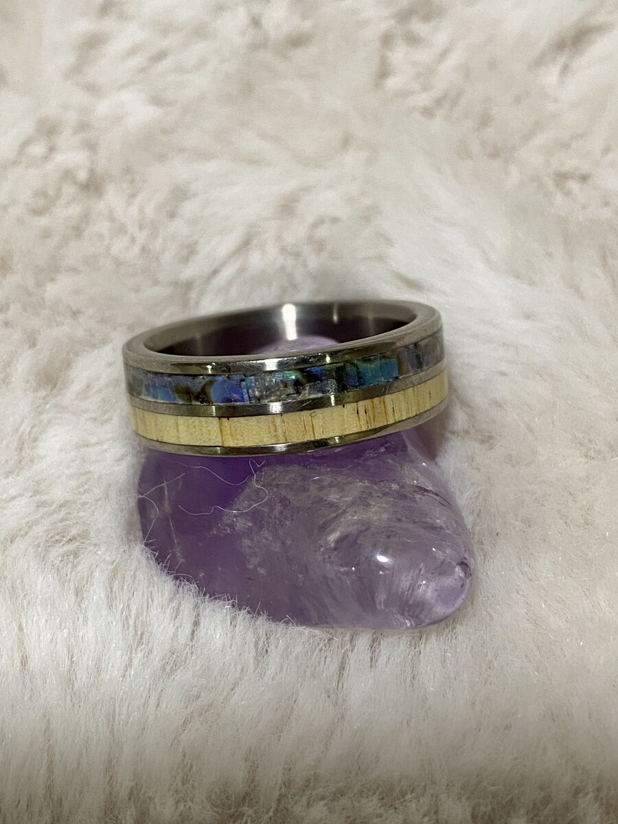 Unique Wedding Band - Titanium with Maple Wood and Abalone Shell Inlay - Size 8.5