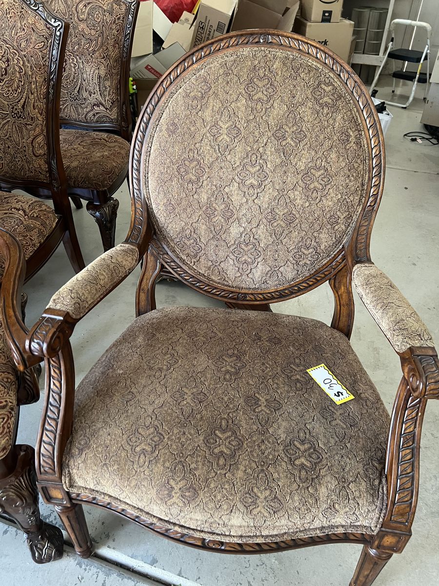 Ornate Carved Wood Armchair - Brown Upholstery - Vintage Style Dining/Accent Chair