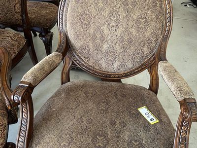 Ornate Carved Wood Armchair - Brown Upholstery - Vintage Style Dining/Accent Chair